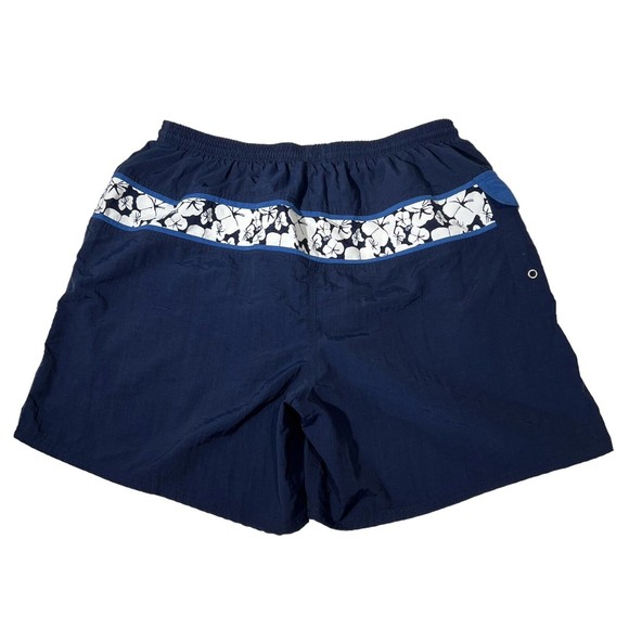 VTG Down Under Swim Trunks Navy/Wh Floral Trim Pockets Lined Elastic Taiwan XL - Picture 2 of 7